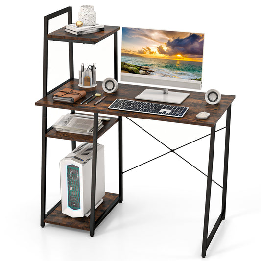 Giantex Computer Desk, Modern Study Writing Table w/ 4-Tier Storage Shelves & X-Shaped Frame, Home Office Workstation, Brown