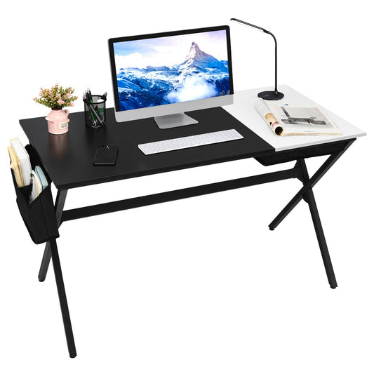Giantex Modern Computer Desk, X-Shaped PC Study Table w/Side Storage Bag & Hidden Cube Drawers, Workstation for Home Office Bedroom, Black