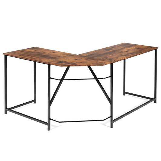 Giantex L Shaped Corner Computer Desk, Industrial PC Laptop Workstation, Sturdy Writing Table for Home & Office, Brown