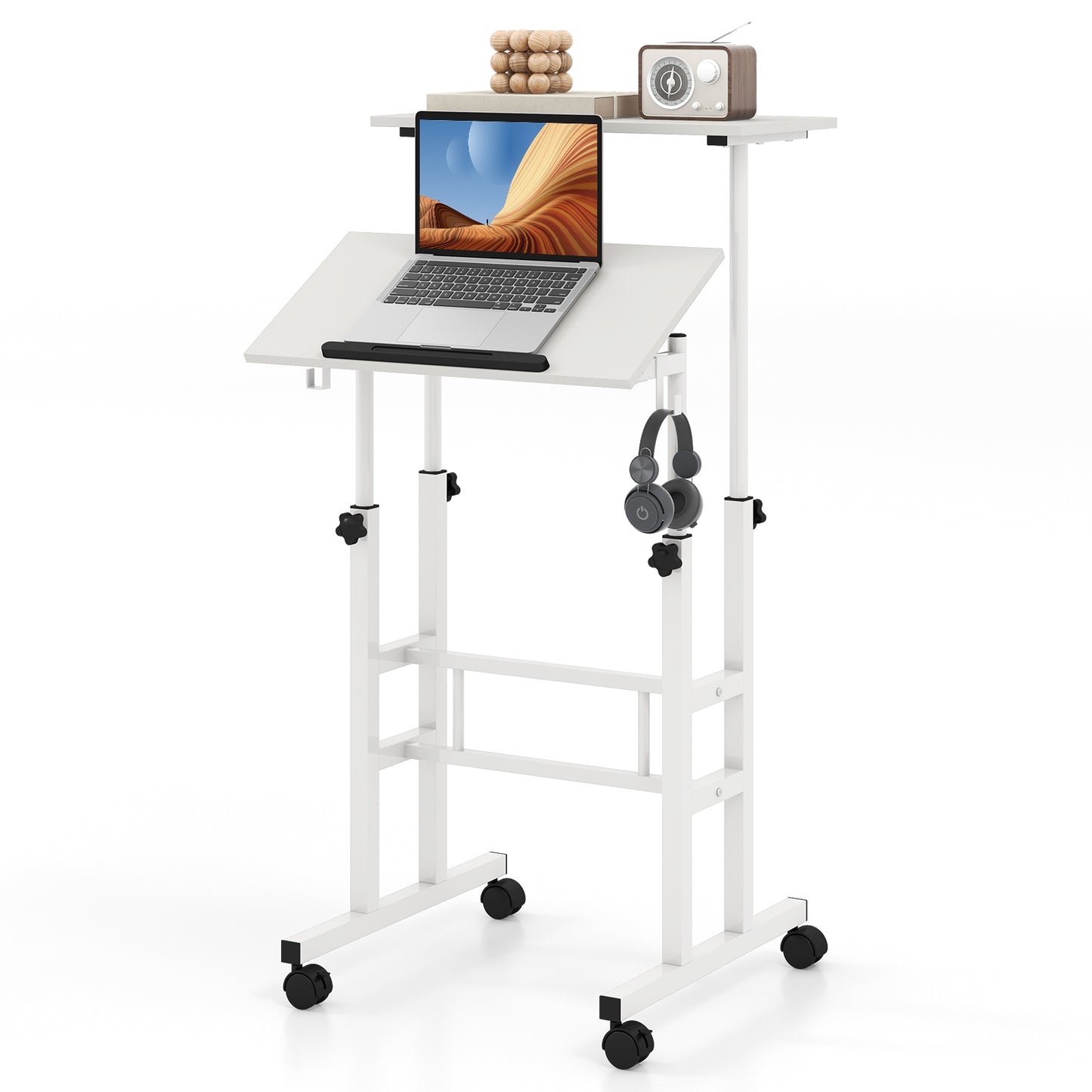 Giantex Mobile Standing Desk, Height Adjustable Sit to Stand Desk, Portable Laptop Desk, 2-Tier Computer Workstation for Home Office, White