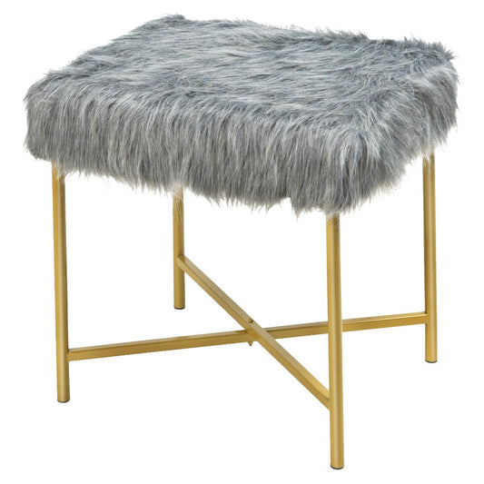 Giantex Footrest Ottoman, Faux Fur Square Stool w/ Gold Metal Base, Modern Rectangular Footrest Stool, Seat for Outdoor, Office, Living Room, Entryway, Grey