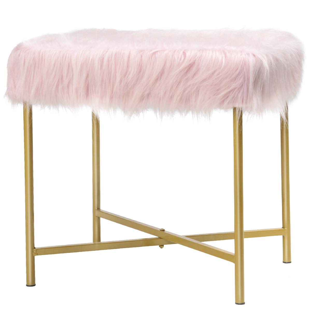 Giantex Footrest Ottoman, Faux Fur Square Stool w/ Gold Metal Base, Modern Rectangular Footrest Stool, Seat for Outdoor, Office, Living Room, Entryway, Pink