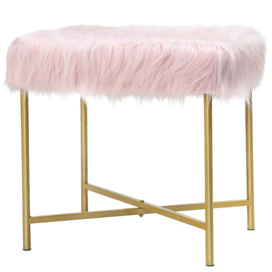 Giantex Footrest Ottoman, Faux Fur Square Stool w/ Gold Metal Base, Modern Rectangular Footrest Stool, Seat for Outdoor, Office, Living Room, Entryway, Pink
