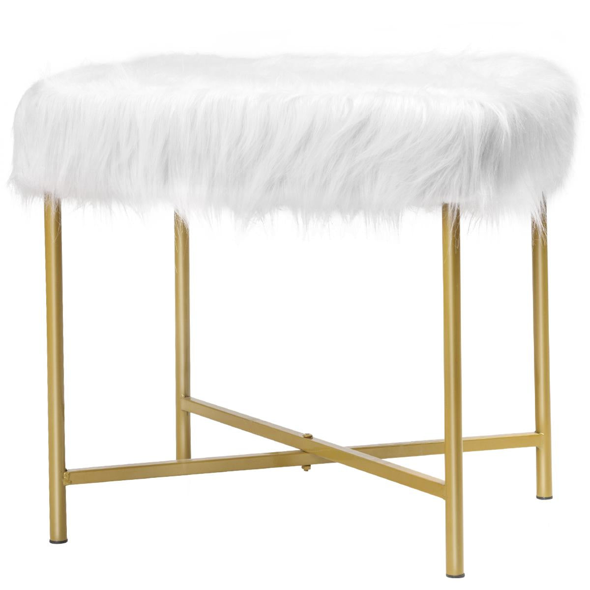 Giantex Footrest Ottoman, Faux Fur Square Stool w/ Gold Metal Base, Modern Rectangular Footrest Stool, Seat for Outdoor, Office, Living Room, Entryway, White