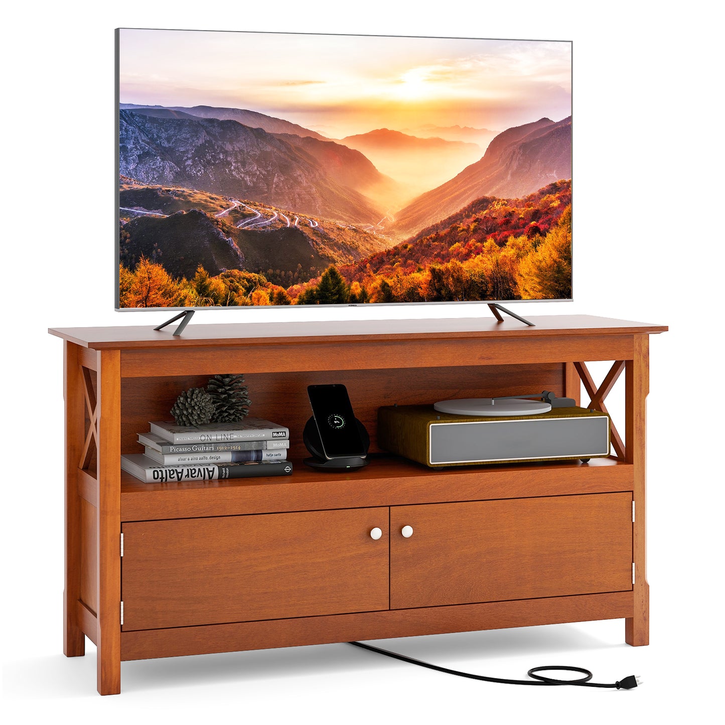 Giantex TV Stand, Modern TV Console  Cabinet w/2 Doors Open Storage Shelf, Cable Hole, Wooden Entertainment Center for Living Room Bedroom, Brown
