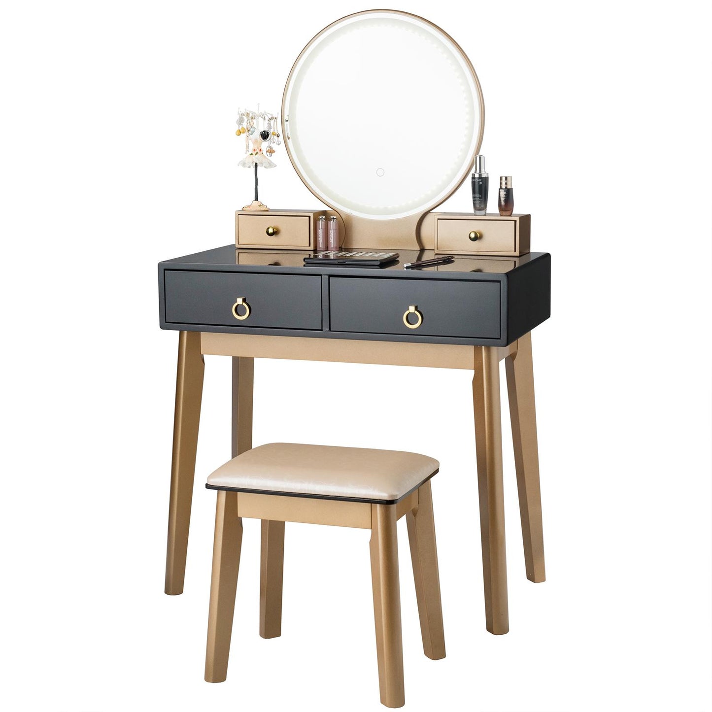 Giantex Vanity Set w/Lighted Mirror, Bedroom Dressing Table w/Padded Stool, 3-Color Touch-Screen Dimming Light & 4 Drawers