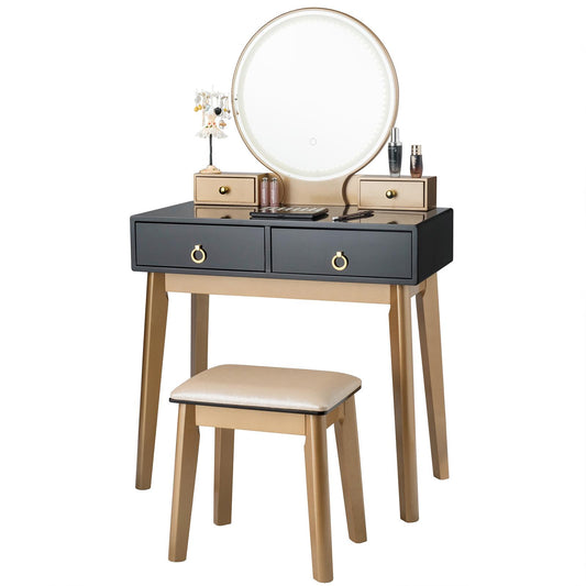Giantex Vanity Set w/Lighted Mirror, Bedroom Dressing Table w/Padded Stool, 3-Color Touch-Screen Dimming Light & 4 Drawers