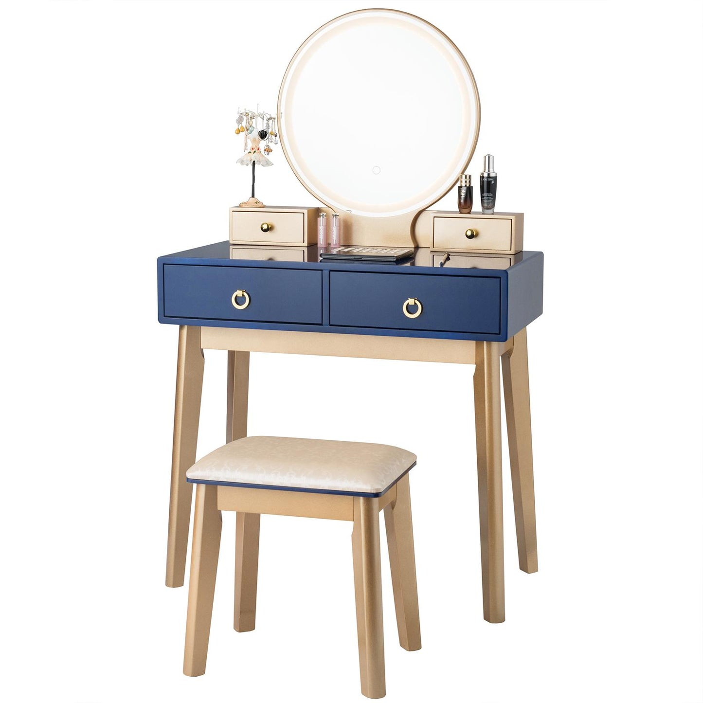 Giantex Vanity Set w/Lighted Mirror, Bedroom Dressing Table w/Padded Stool, 3-Color Touch-Screen Dimming Light & 4 Drawers
