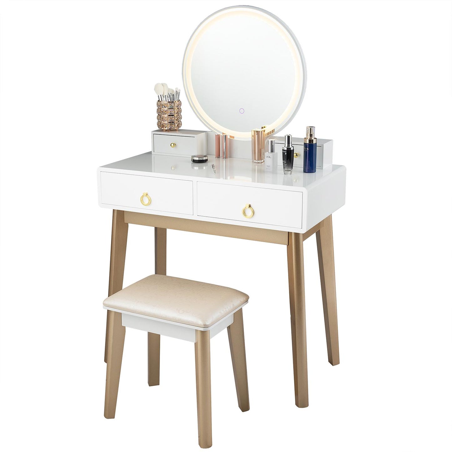 Giantex Vanity Set w/Lighted Mirror, Bedroom Dressing Table w/Padded Stool, 3-Color Touch-Screen Dimming Light & 4 Drawers