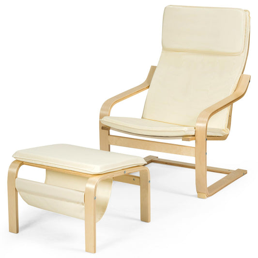 Giantex Recliner w/Footstool, Armchair w/Birch Wood Frame & Storage Space, Foam Upholstered Relax Lounge Chair, Beige
