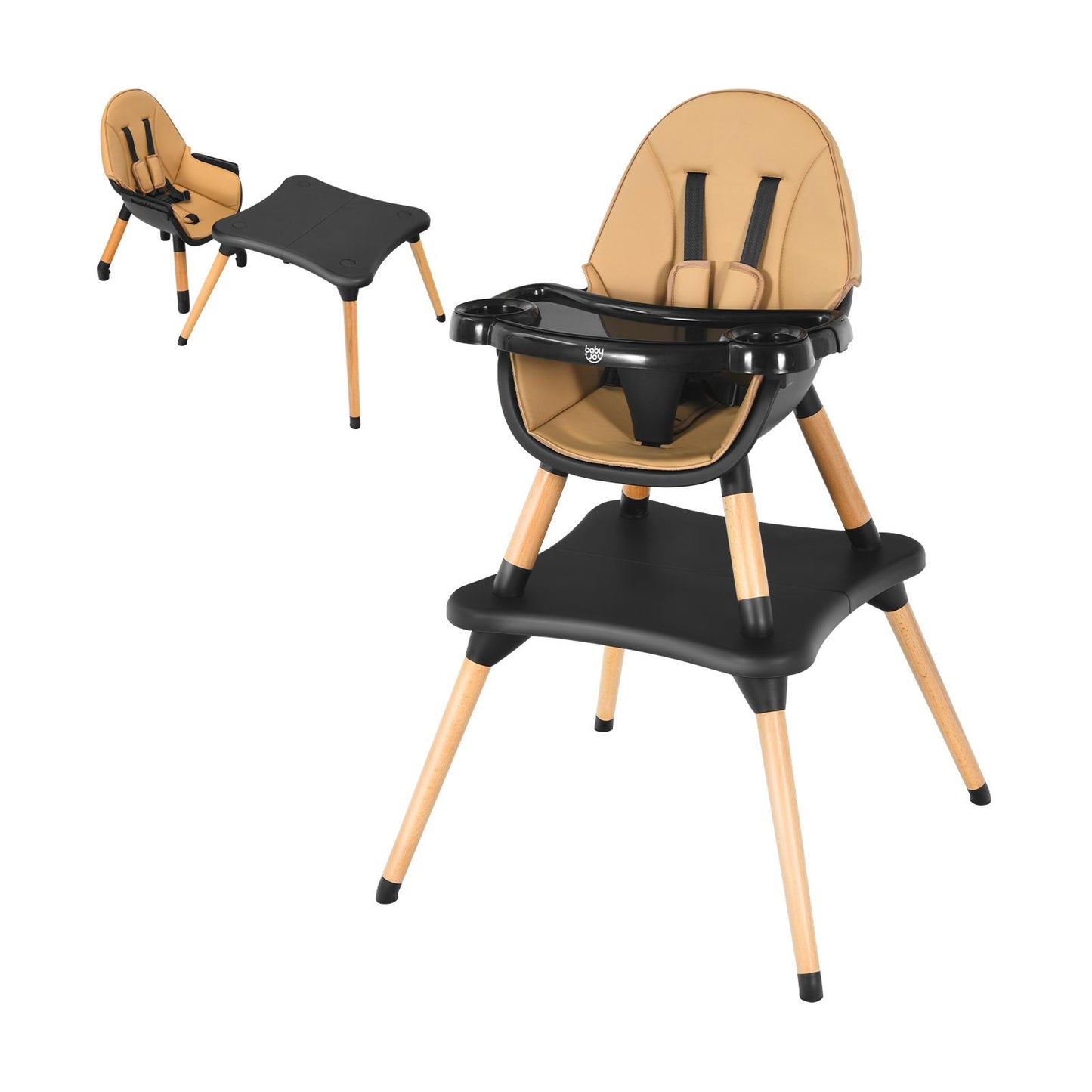 Adjustable Baby High Chair, Convertible Baby Dining Chair w/Cushioned Seat, 5-Point Seat Belt, 4-Stage Adjustable Detachable Tray, Suitable for 6-36 Months Baby, Coffee