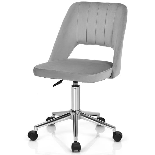 Giantex Mid Back Velvet Chair, Accent Vanity Chair w/Adjustable Height & Swivel Wheels, Modern Leisure Chair w/Chrome Base for Home Office, Grey