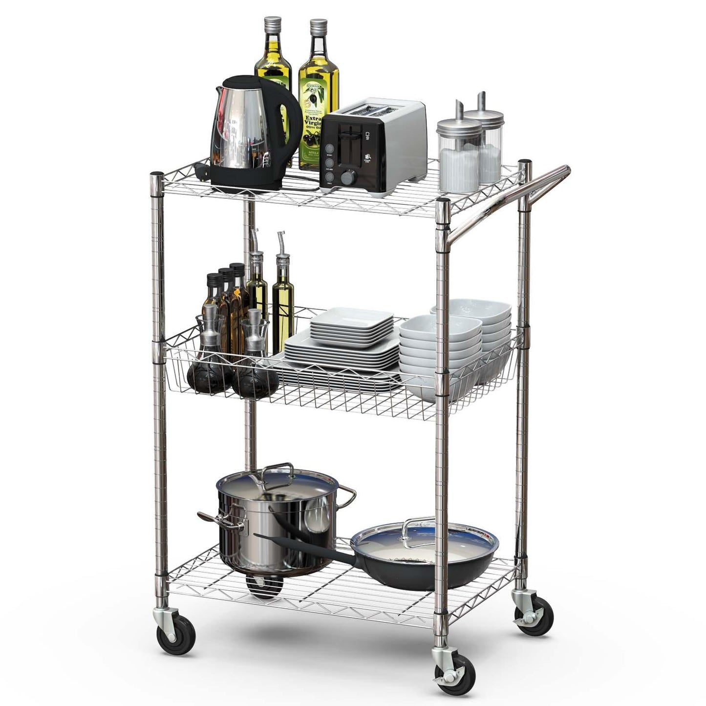Giantex 3-Tier Wire Rolling Cart, Heavy Duty Storage Organizer, W/Height Adjustable Shelving, Wire Basket Shelving Trolley for Kitchen Bathroom Pantry Laundry