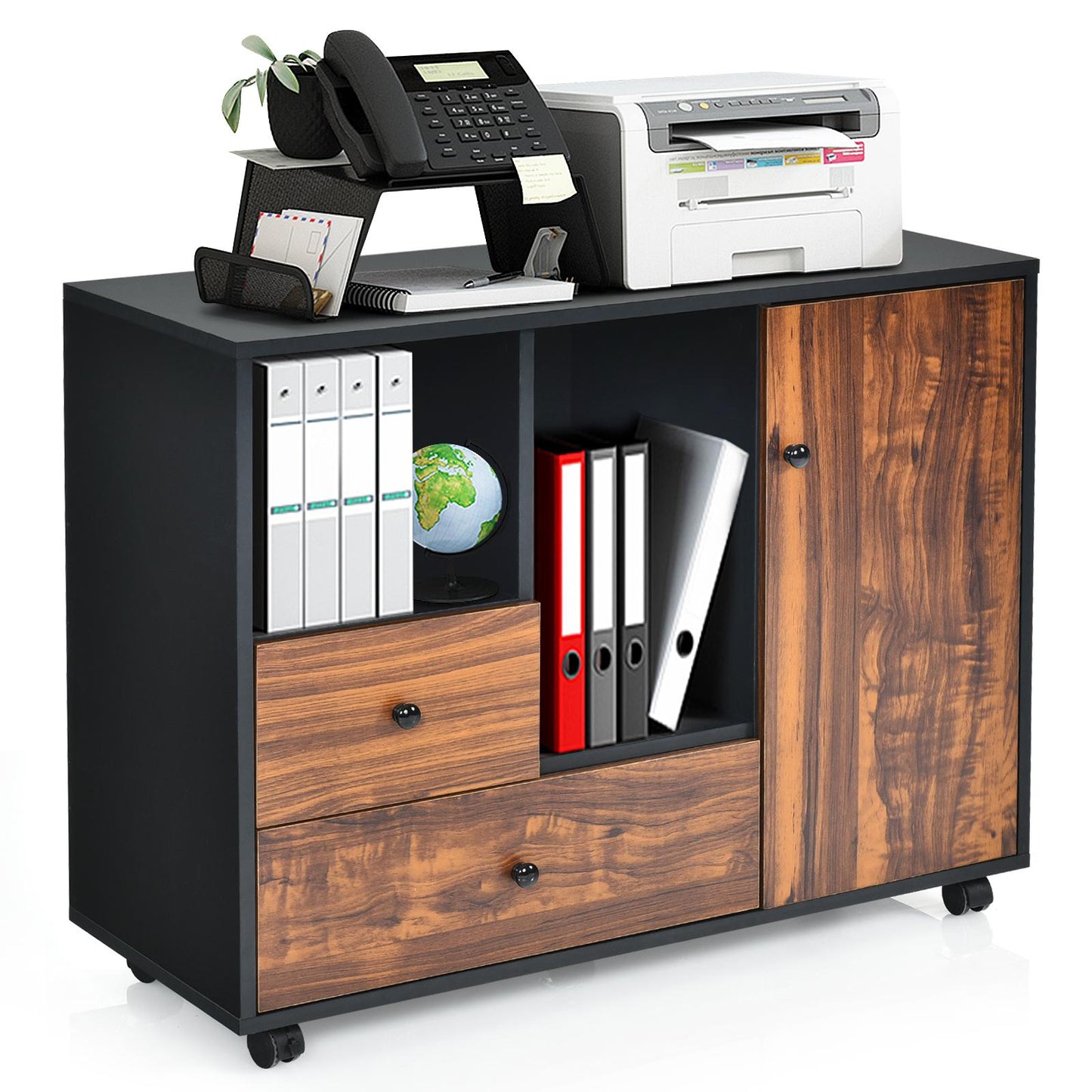 Giantex Mobile Filing Cabinet, Printer Stand on Wheels, Large Wood Lateral Industrial File Organizer w/Open Shelves & 2 Drawers for Home Office
