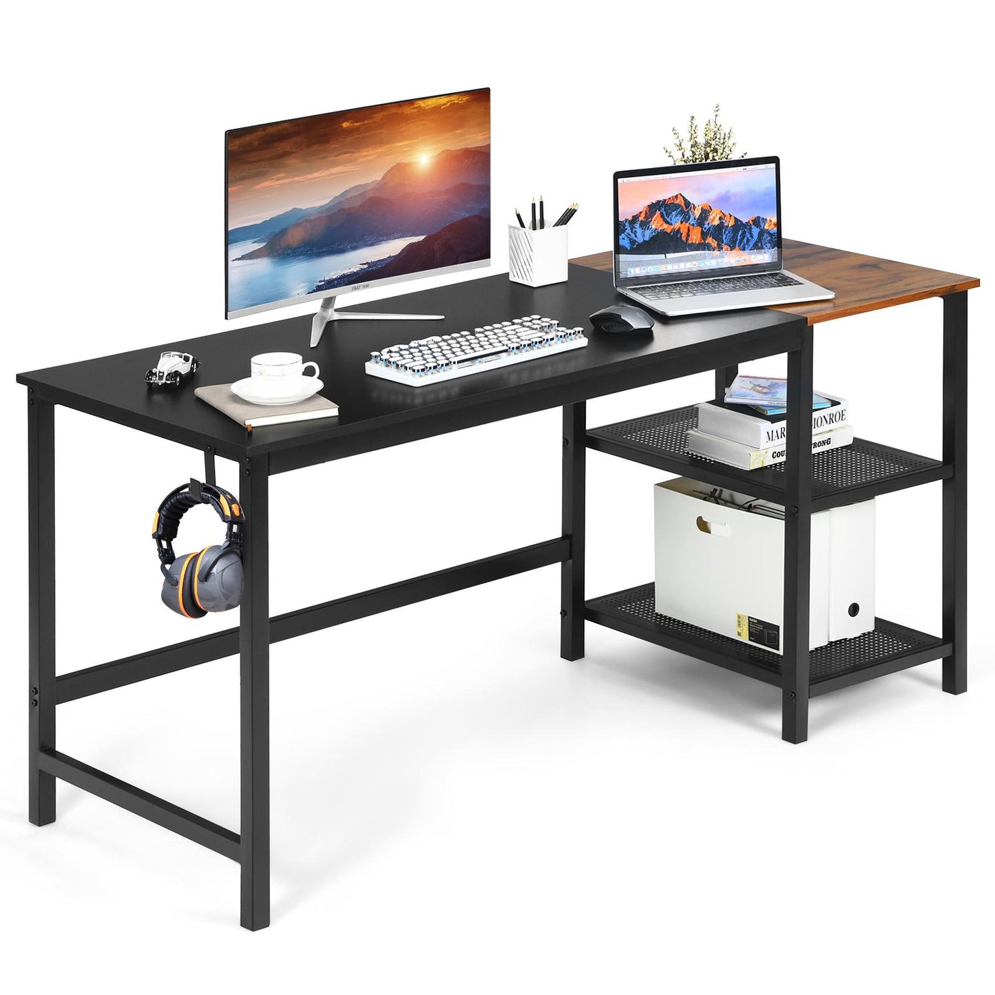 Giantex 59” Computer Desk w/Removable Storage Shelves & Charging Station, Industrial Writing Workstation w/ Headphone Hook, Large Laptop Desk