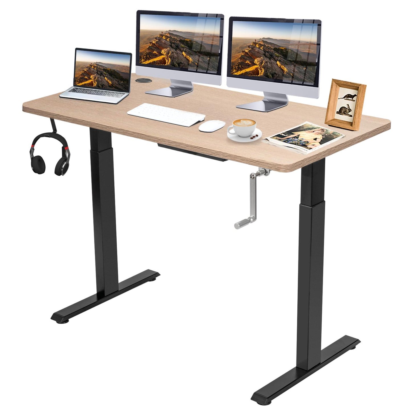 Giantex Crank Height Adjustable Standing Desk, Sit Stand Computer Desk w/ Folding Crank, 48 Inch Stand up Computer Workstation w/ Solid One-piece 1" Table Top for Home & Office, Black