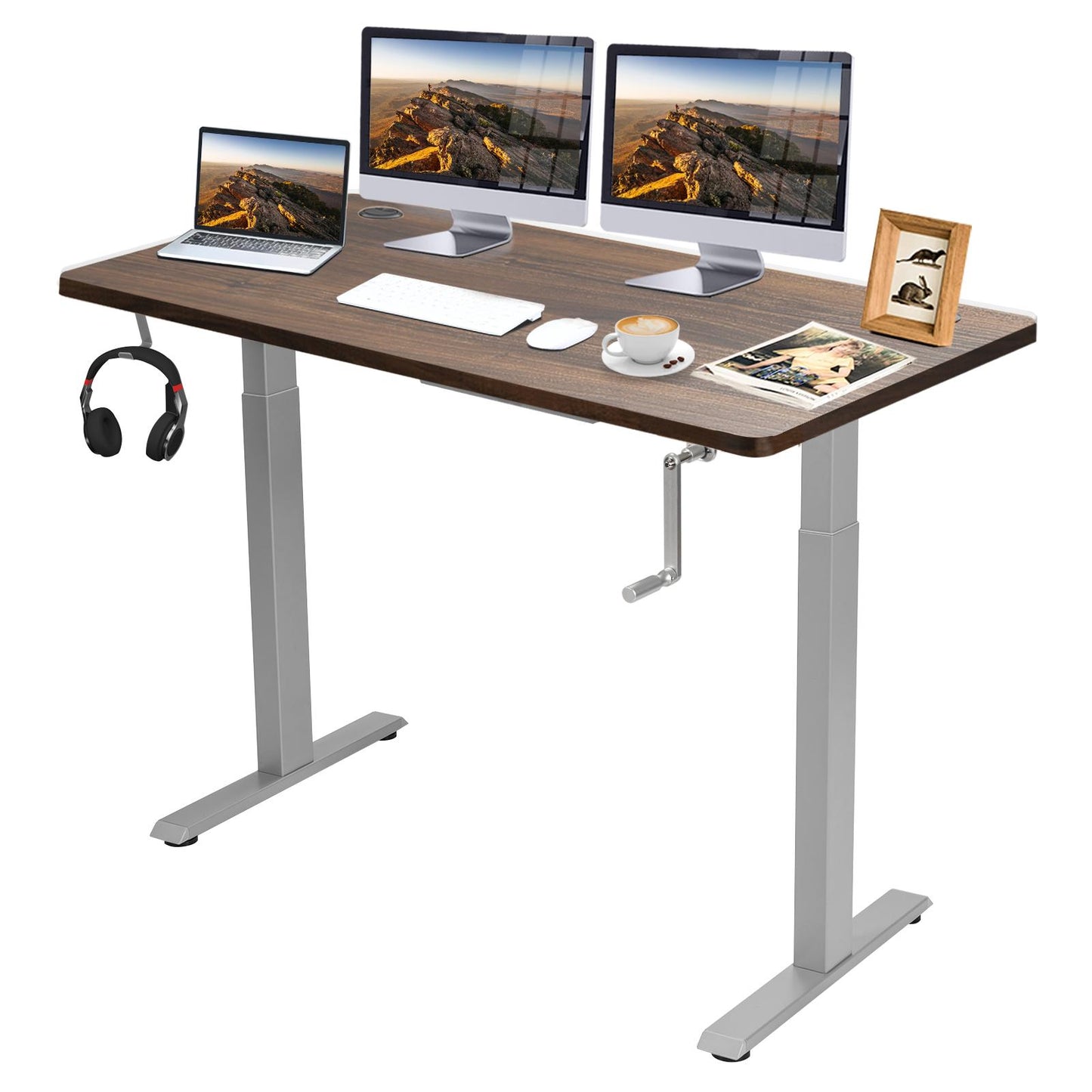 Giantex Crank Height Adjustable Standing Desk, Sit Stand Computer Desk w/ Folding Crank, 48 Inch Stand up Computer Workstation w/ Solid One-piece 1" Table Top for Home & Office, Gray
