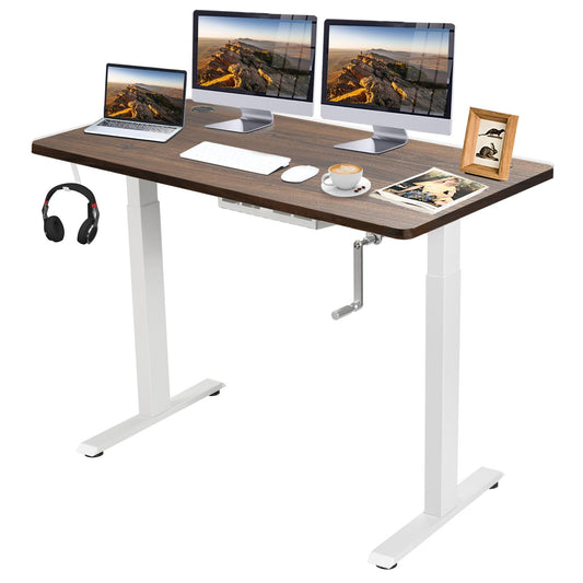 Giantex Crank Height Adjustable Standing Desk, Sit Stand Computer Desk w/ Folding Crank, 48 Inch Stand up Computer Workstation w/ Solid One-piece 1" Table Top for Home & Office, White