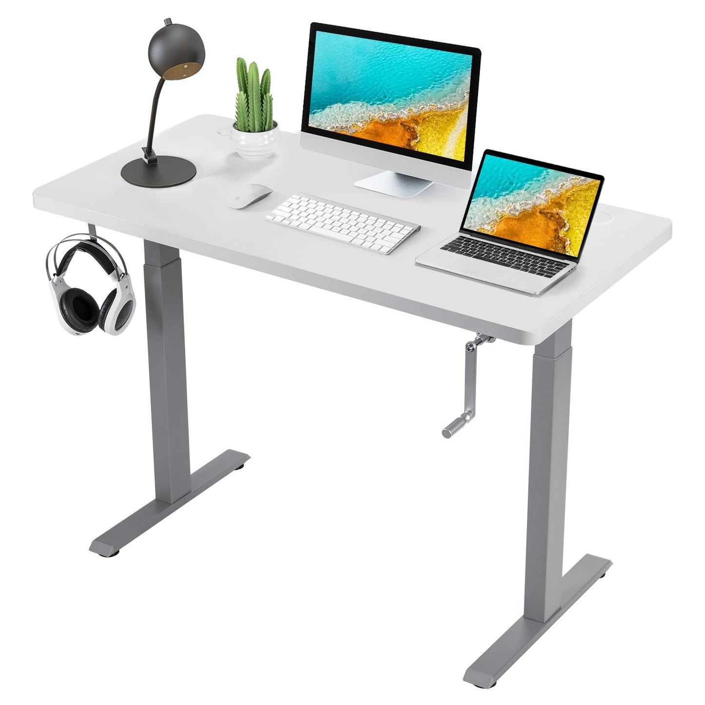 Giantex Crank Height Adjustable Standing Desk, Manual Sit to Stand Desk w/ Headphone Hook & Cable Tray, 48 Inch Stand up Computer Desk for Home & Office, Gray