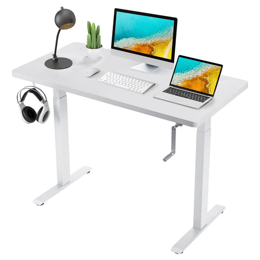 Giantex Crank Height Adjustable Standing Desk, Manual Sit to Stand Desk w/ Headphone Hook & Cable Tray, 48 Inch Stand up Computer Desk for Home & Office, White