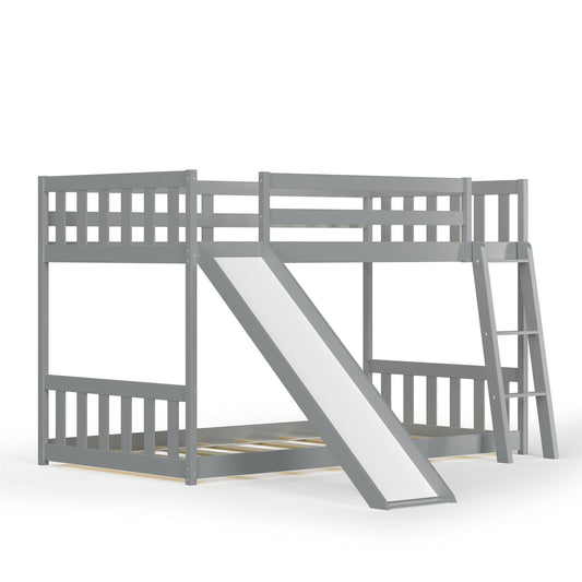 Giantex Twin Over Twin Bunk Bed w/Slide, Solid Wood Floor Bed Frame w/Guardrails & Ladder for Boys & Girls, Teens, No Box Spring, Gray