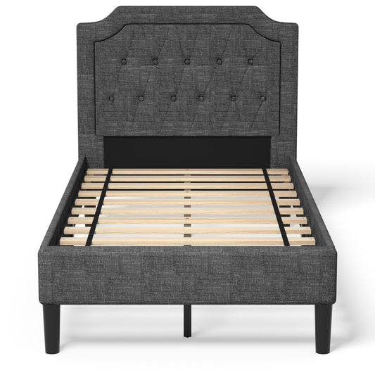 Giantex Upholstered Platform Bed Twin, Solid Mattress Foundation W/Wood Slat Support & Button Tufting Headboard, No Box Spring Required, Easy Assemble