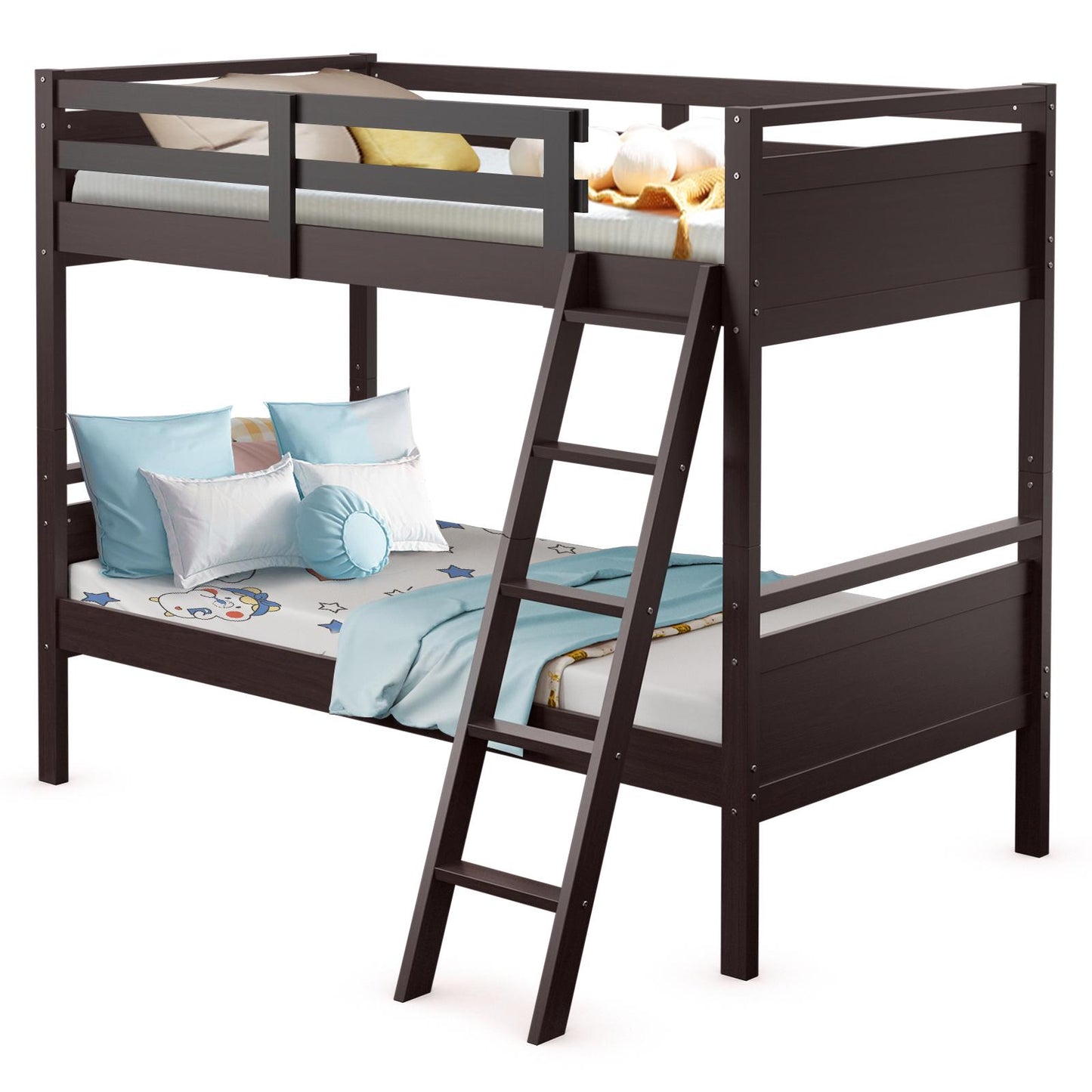Giantex Twin-Over-Twin Wood Bunk Bed, 2-in-1 Convertible Space-Saving Bed w/Inclined Ladder & Safety Guardrails for Kids Teens Adults, Espresso