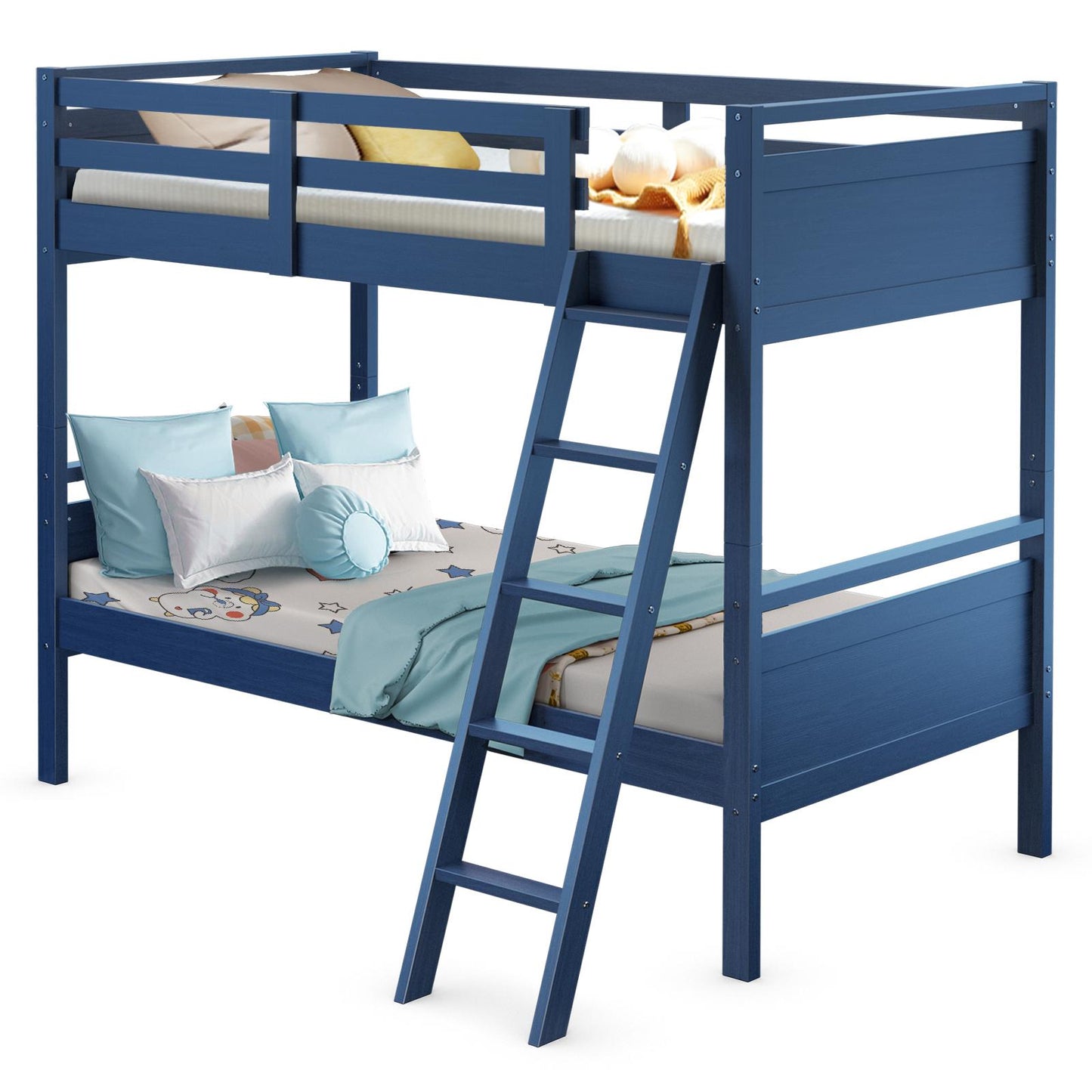 Giantex Twin-Over-Twin Wood Bunk Bed, 2-in-1 Convertible Space-Saving Bed w/Inclined Ladder & Safety Guardrails for Kids Teens Adults, Navy