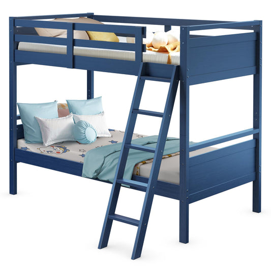 Giantex Twin-Over-Twin Wood Bunk Bed, 2-in-1 Convertible Space-Saving Bed w/Inclined Ladder & Safety Guardrails for Kids Teens Adults, Navy