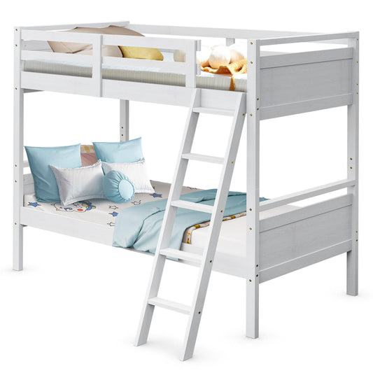 Giantex Twin-Over-Twin Wood Bunk Bed, 2-in-1 Convertible Space-Saving Bed w/Inclined Ladder & Safety Guardrails for Kids Teens Adults, White