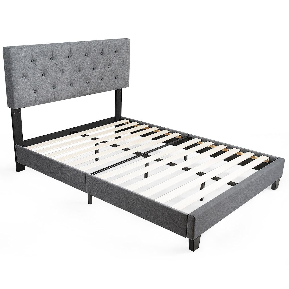 Giantex Upholstered Platform Bed, Tufted Bed Frame w/Linen Panel Headboard, Metal Frame & Wood Slat Support