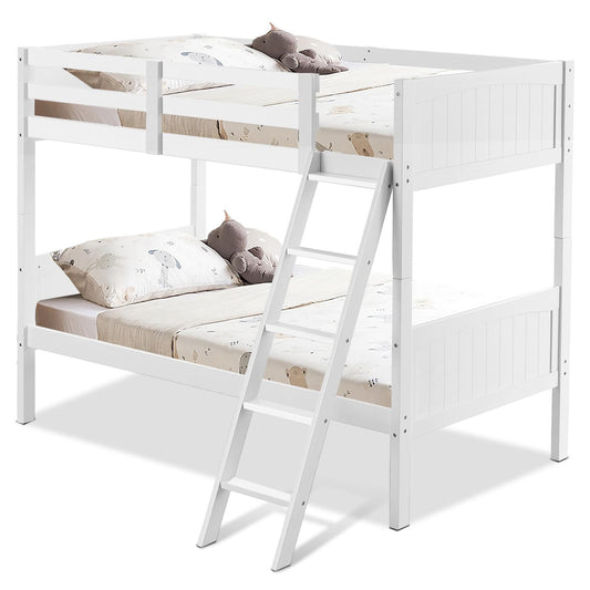 Giantex Twin Over Bunk Bed, Coverts to Two Individual Toddler Beds w/ Solid Rubberwood Frame, Long Ladder & Safety Guard Rail, Children Sleeping Bedroom Furniture, White