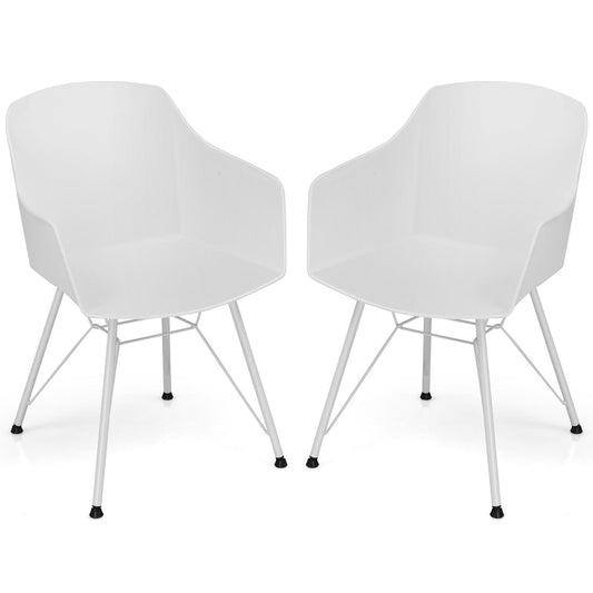 Giantex Set of 2 Dining Chairs, Modern Molded Plastic Arm Chairs w/Metal Base, Ergonomic Backrest& Armrest, Accent Kitchen Chairs, White