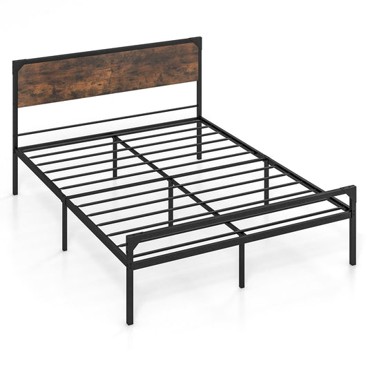 Giantex Metal Bed Frame w/Wood Headboard, Queen Size Platform Mattress Foundation w/Under Bed Space & Strong Metal Slat Support, No Box Spring Needed, Easy Assembly