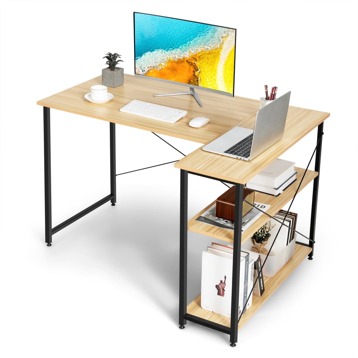 Giantex L-shaped Computer Desk, Corner Desk w/Reversible Shelves, Writing Study Workstation for Home Office, Natural