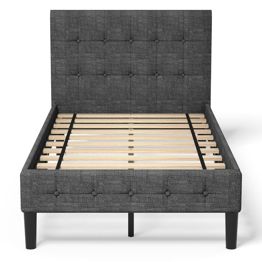 Giantex Twin Size Upholstered Bed Frame w/Button Square Stitched Headboard & Solid Wood Slat Support, No Box Spring Needed, Easy Assembly