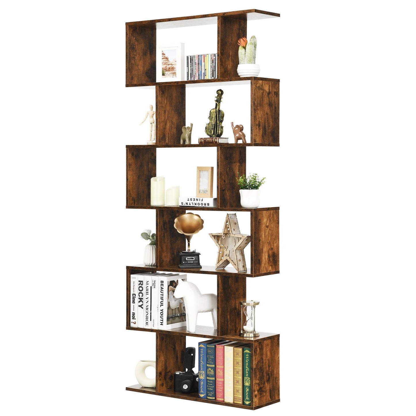 Giantex 6-Tier Bookshelf w/Open Shelves, S-Shaped Display Shelf, Wooden Utility Organizer Bookcase for Home Office (Brown)