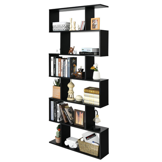 Giantex 6-Tier Bookshelf w/Open Shelves, S-Shaped Display Shelf, Wooden Utility Organizer Bookcase for Home Office (Black)