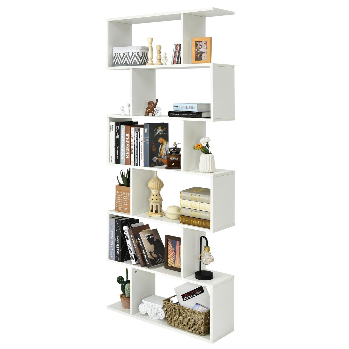 Giantex 6-Tier Bookshelf w/Open Shelves, S-Shaped Display Shelf, Wooden Utility Organizer Bookcase for Home Office (White)