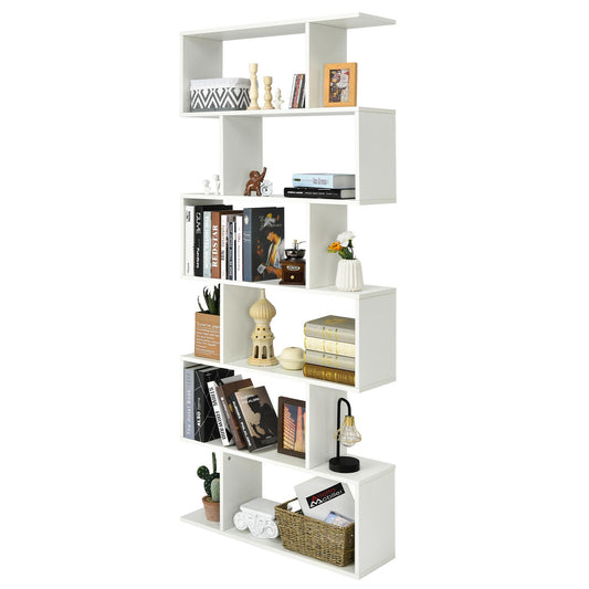 Giantex 6-Tier Bookshelf w/Open Shelves, S-Shaped Display Shelf, Wooden Utility Organizer Bookcase for Home Office (White)