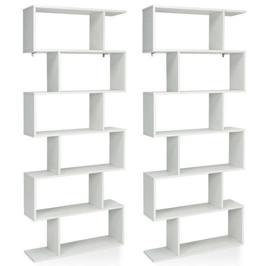 Giantex 2 PCS 6-Tier Bookshelf w/Open Shelves, S-Shaped Display Shelf, Wooden Utility Organizer Bookcase for Home Office