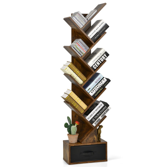 Giantex Tree Bookshelf w/Drawer, Space Saving Wooden Bookcase w/10 Shelves, Freestanding Decorative Bookshelf