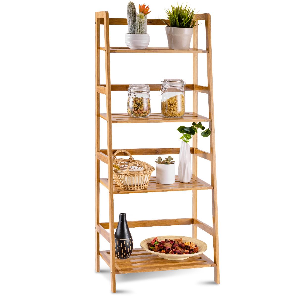 Giantex 4-Tier Bamboo Ladder Shelf, Wodden Bookshelf w/Fence Protection, Multifunctional Freestanding Plant Flower Display Stand