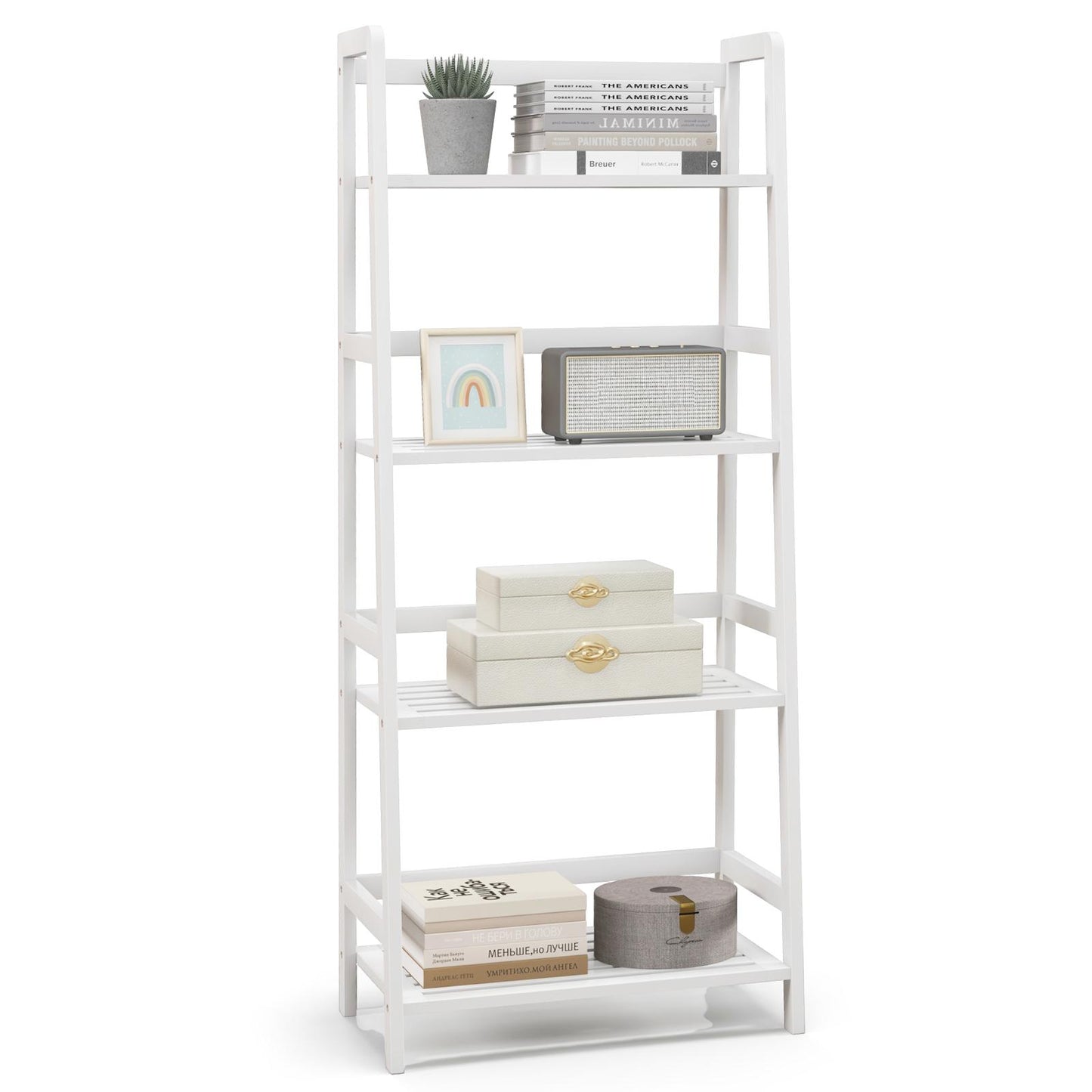 Giantex 4-Tier Bamboo Ladder Shelf, Wodden Bookshelf w/Fence Protection, Multifunctional Freestanding Plant Flower Display Stand