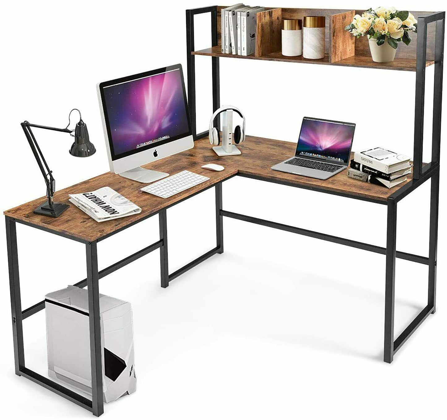 Giantex L-Shaped Desk, Space Saving Corner Desk, Industrial Computer Workstation for Home Office