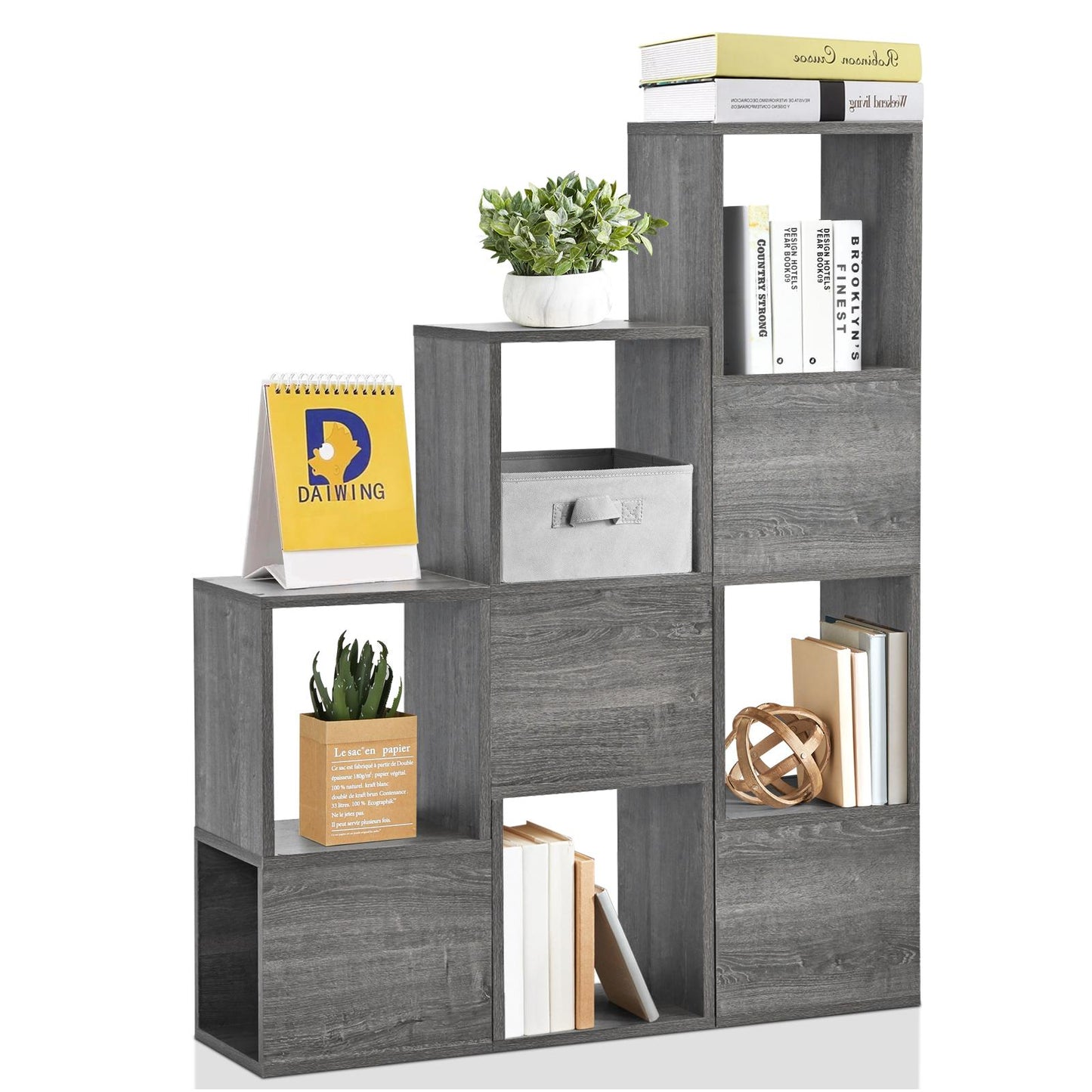 Giantex Wooden Cube Bookcase, Freely Combined Storage Bookshelf w/9 lattices, Stepped DIY Irregular Bookcase for Home Office Deco