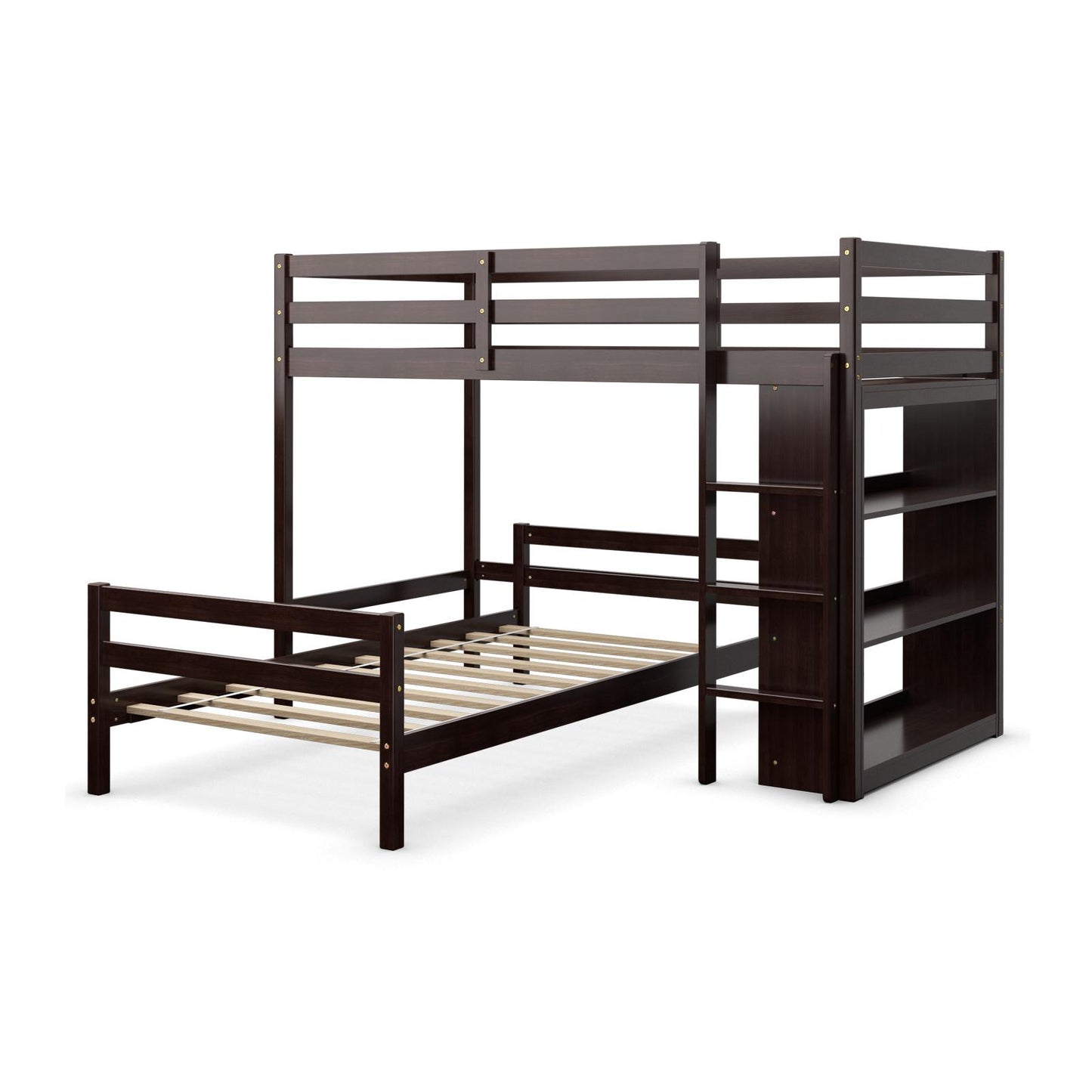 Giantx Twin Over Twin Bunk Bed, Convertible Wooden Loft Bed Frame w/3-Tier Bookcase, Ladder & Safety Guardrails for Kids, Toddlers, Teens, Students, Can be Separated into 2 Beds, Espresso