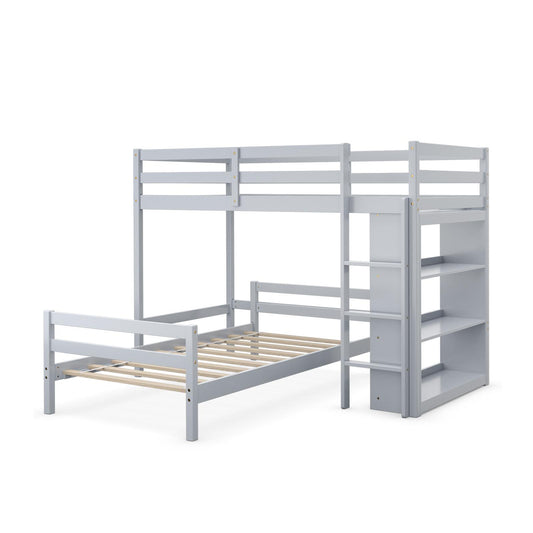 Giantx Twin Over Twin Bunk Bed, Convertible Wooden Loft Bed Frame w/3-Tier Bookcase, Ladder & Safety Guardrails for Kids, Toddlers, Teens, Students, Can be Separated into 2 Beds, Gray