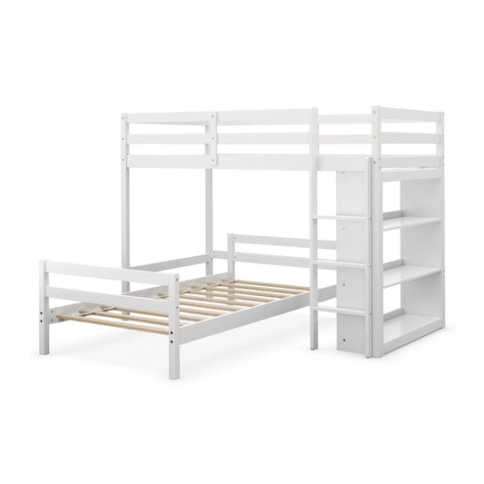 Giantx Twin Over Twin Bunk Bed, Convertible Wooden Loft Bed Frame w/3-Tier Bookcase, Ladder & Safety Guardrails for Kids, Toddlers, Teens, Students, Can be Separated into 2 Beds, White