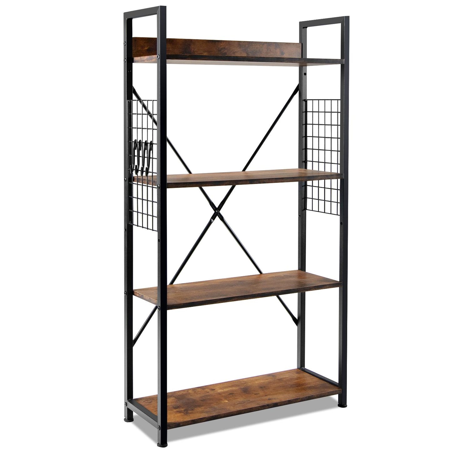 Giantex 4 Tier Bookshelf, Industrial Open Bookcase w/Non-Toppling Device & S-Shaped Hooks, Wood Look Display Shelf Plant Flower Stand for Home Office